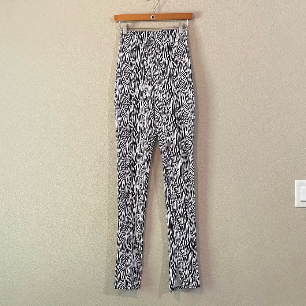 Pretty Little Thing Black & White Zebra Print High-Waist Split Hem Leggings